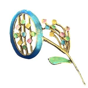 Vintage Colorful Flower Gold Toned Antique Brooch Pin